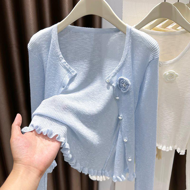 Korean Style Blue Ice Silk Knitted Sunscreen Cardigan & Floral Ruffle Shawl for Summer Women - Sleeveless Outerwear Cover-up Dress
