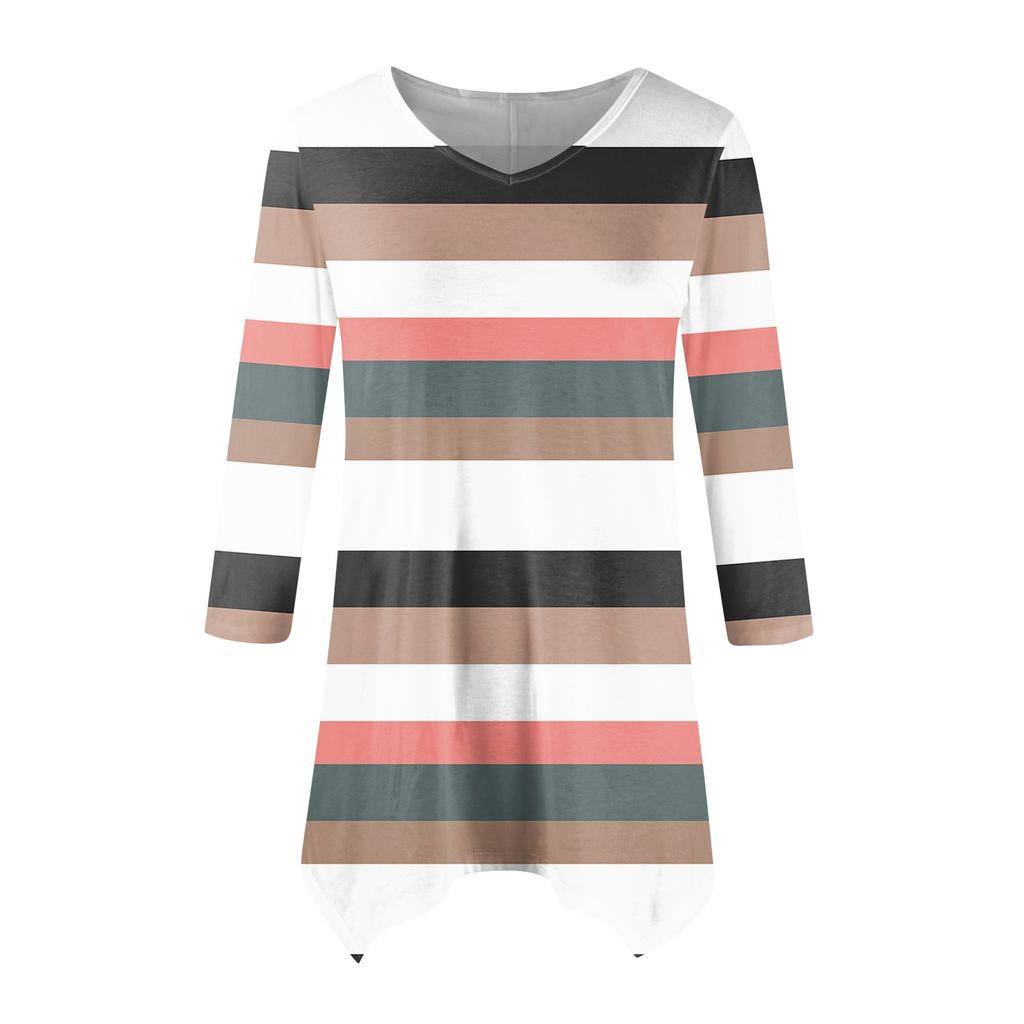 Women's Fashion Casual V-neck Striped Printed Seven-point Sleeve Shirt Belted Loose Comfortable Top