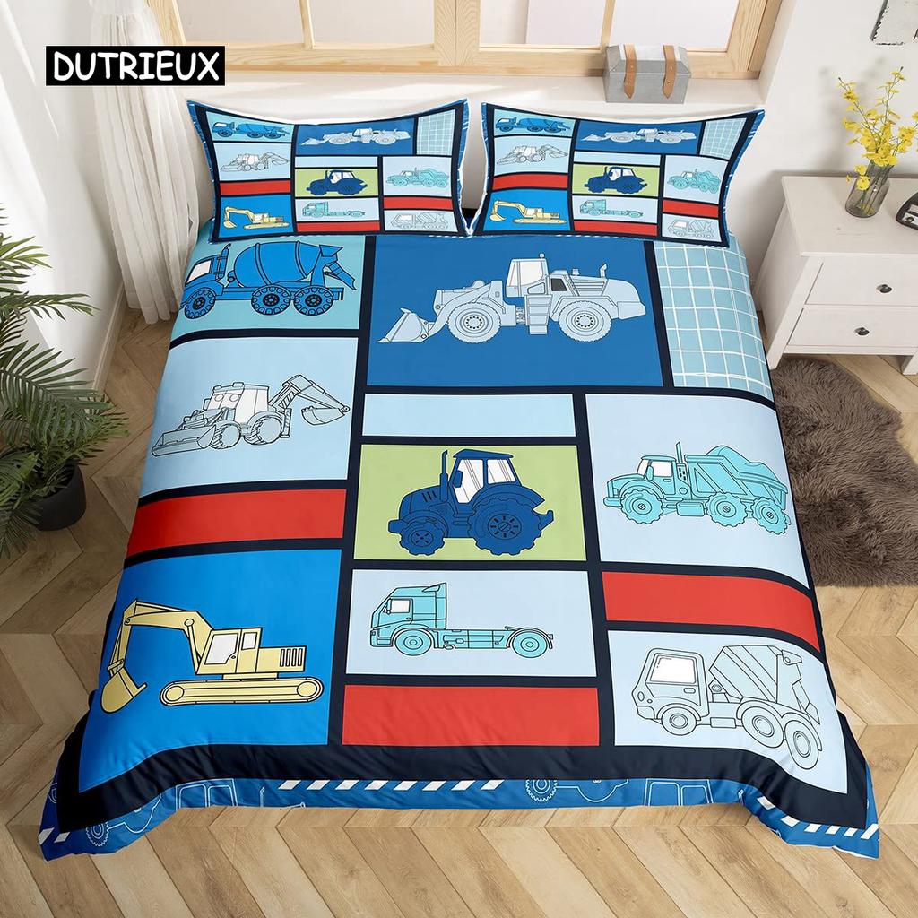 LKW Bagger Bettbezug Set Queen Size für Kinder Kinderzimmer Cartoon Traktor Baufahrzeug Konstruktionsthema Bettwäscheset