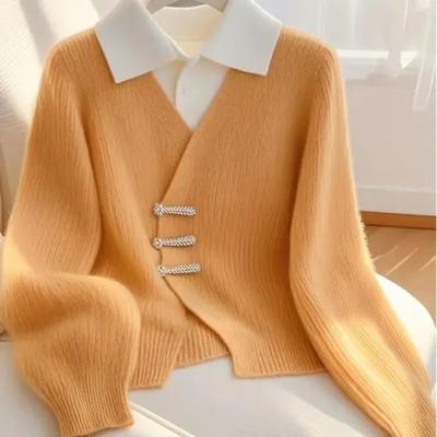 New Chinese Style Top French Yellow Long-sleeved Base Coat Fake Two-piece Sweater for Women
