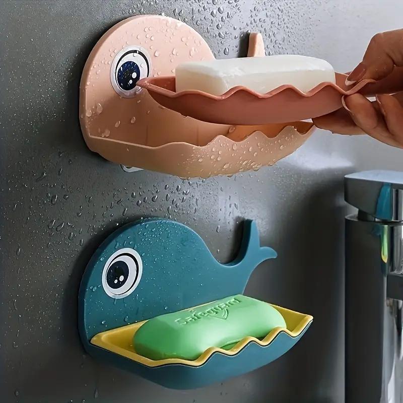 1pc Cute Whale Shaped Soap Box, Removable, Washable, Drainable Soap Rack, Bathroom Organizer, Wall Mount Decorative Soap Holder