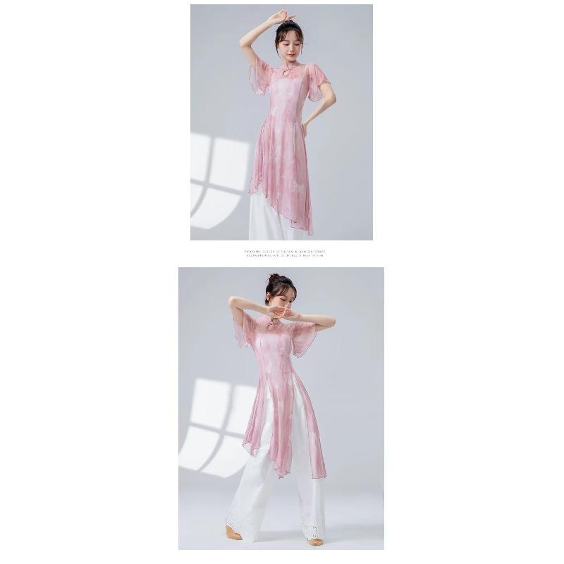 Classical Dance Women Split Hem Long Gauze Mesh Shirt Cheongsam Neck Hanfu Performance Sheer Flowy Blouse Training Dancewear