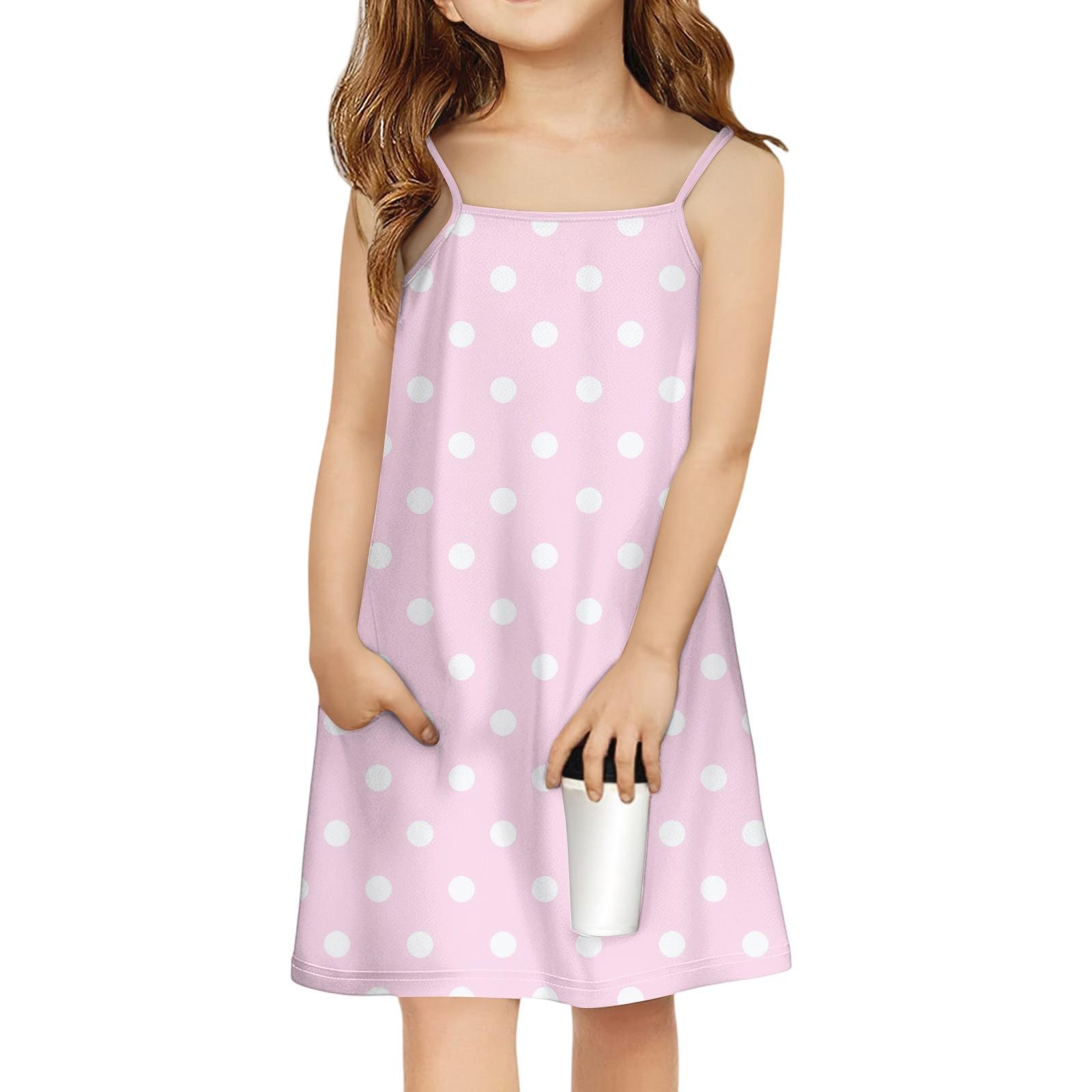 Children s Sleeveless Square Neck Summer A-Line Casual Holiday Spotted Suspender Dress 130