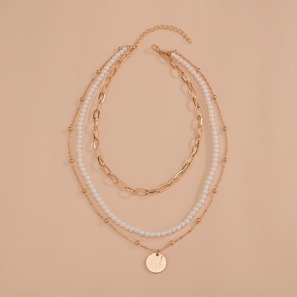 Exaggerated Personality, Paperclip Chain, Pearl Neck Chain, Geometric Disc Pendant, Multi-layer Metal Necklace.