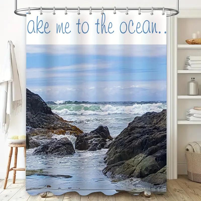Blue Ocean Shower Curtain Beach Scene Print for Bathroom Decor Waterproof Fabric with Hooks Included