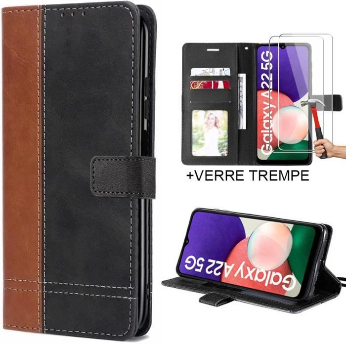Flip Case for Samsung Galaxy A22 5G Brown Two-Tone Leather Effect + 2 Tempered Glasses