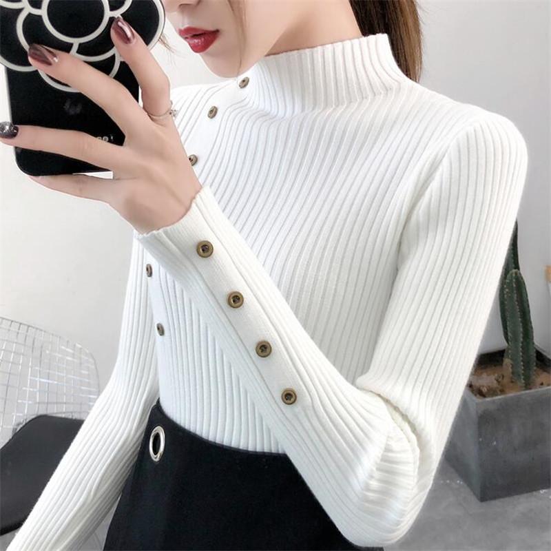 Women Autumn Knitted Slim Sweaters Solid Knitted Female Cotton Soft Elastic Color Pullovers Button Full Sleeve Turtleneck