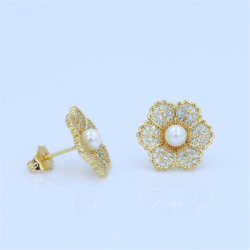 Cute Female Gold Color Small White Round Pearl Zircon Stone Stud Earrings Lovely Bridal Wedding  For Women
