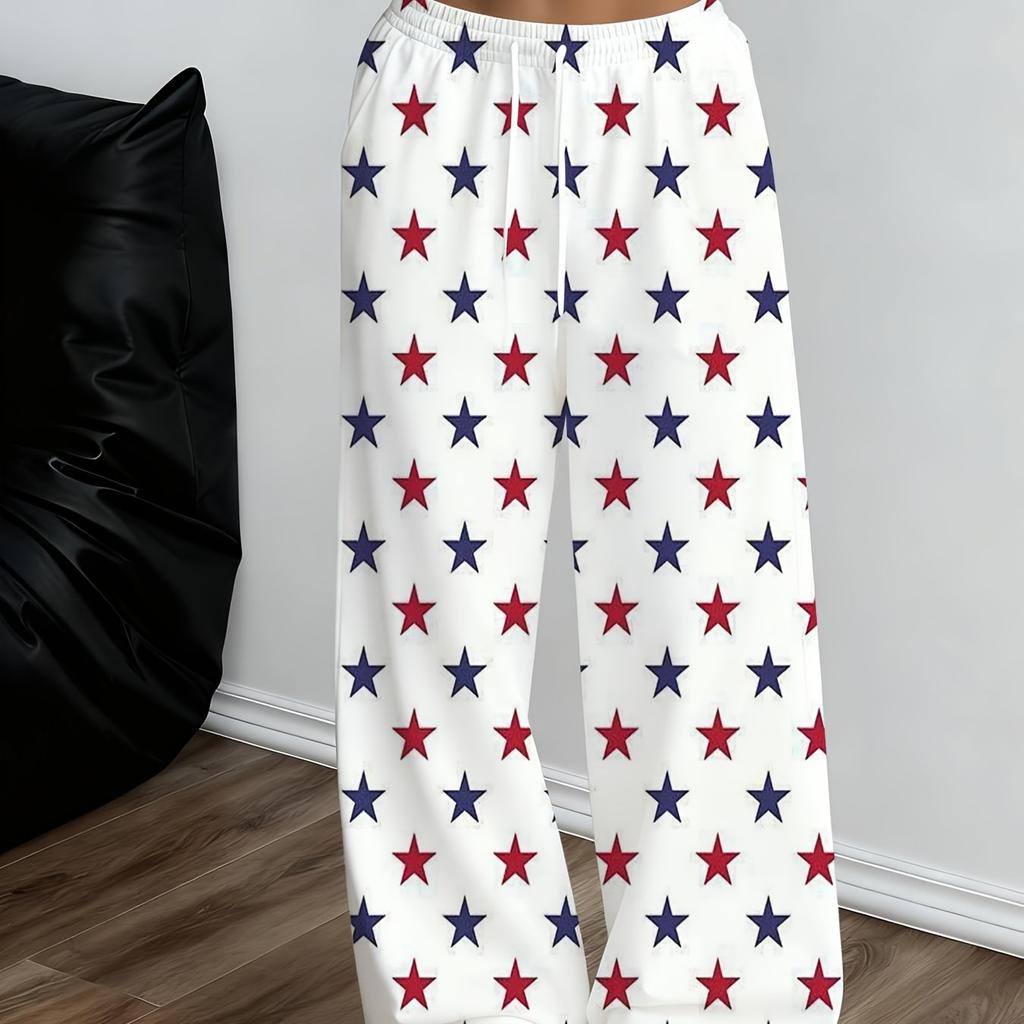 Women's loose star print sweatpants - white/red/blue full star pattern casual trousers
