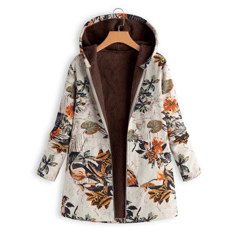

Women s long-sleeved zipper hooded thickened composite cotton-padded jacket printed medium and long cotton-padded jacket Plus size l