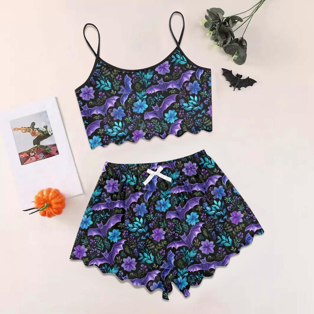 Women's Halloween Set With Retro Floral Print Suspender Sleeveless Vest Shorts Pajama Set