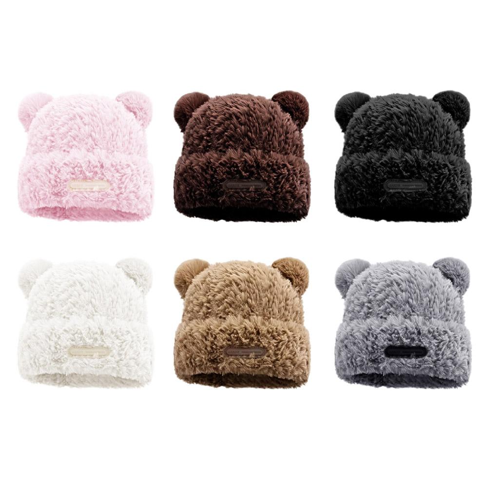 Cute Little Bear Beanie Thickened Warm Plush Hat Lovely Knitted Cap Solid Color Casual Bear Ear Hat Winter Fashion Accessories