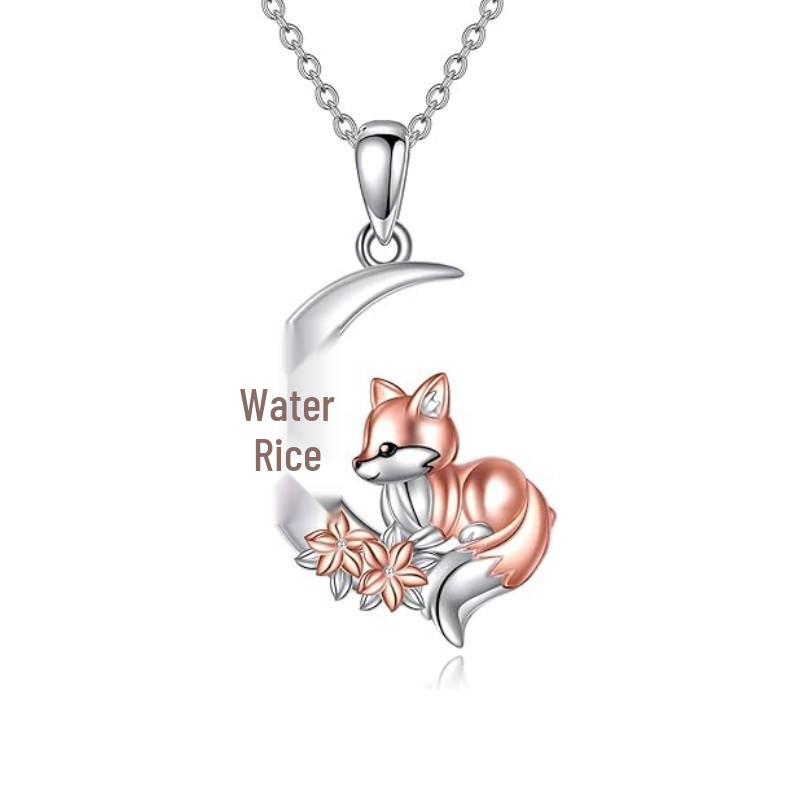 Charming Fox and Flower Moon Pendant Necklace – Unique Forest-Inspired Design