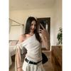 Korean irregular design slanted shoulder short-sleeved T-shirt women's summer pure desire style slim-fitting versatile foreign style off-the-shoulder 