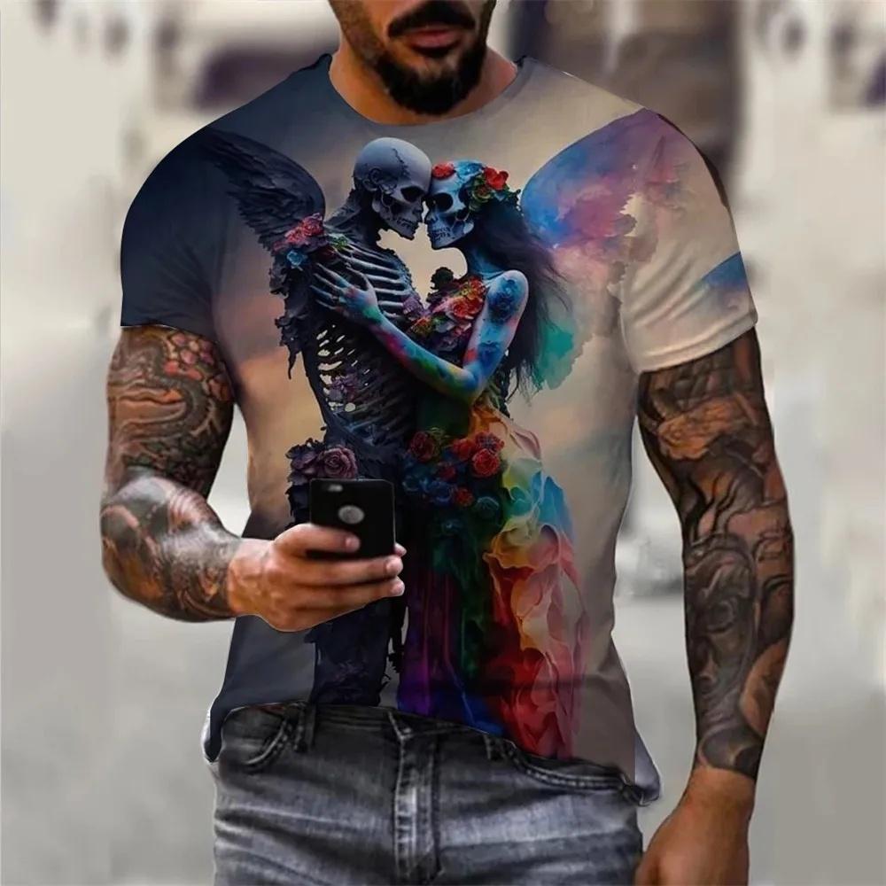 Men's Summer Skull Print T-Shirt Soft Breathable Round Neck Outdoor Street Style Casual Graphic Tee Comfort Top