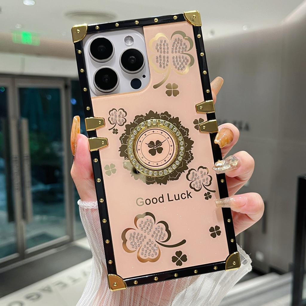 For iPhone 16 Pro Max Case with Kickstand Four Leaf Clover Pattern Electroplating TPU + PC Phone Cover
