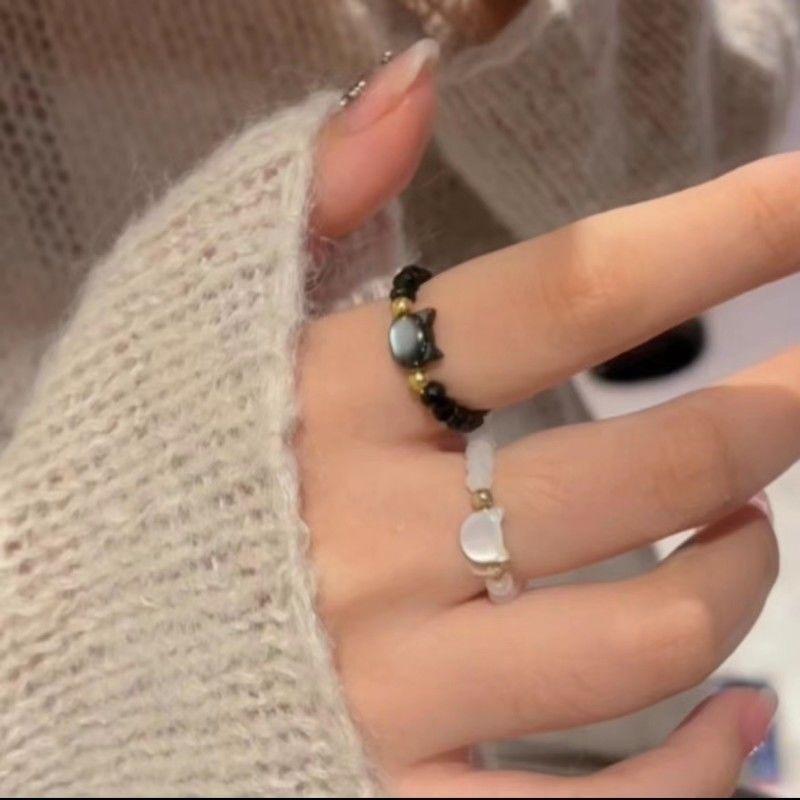 Natürliche Mondstein Obsidian Ringe Perlen Minimalistischer Ring Handgemacht Niedlicher Schwarz Weiß Katzenring Damen Party Zubehör Schmuck