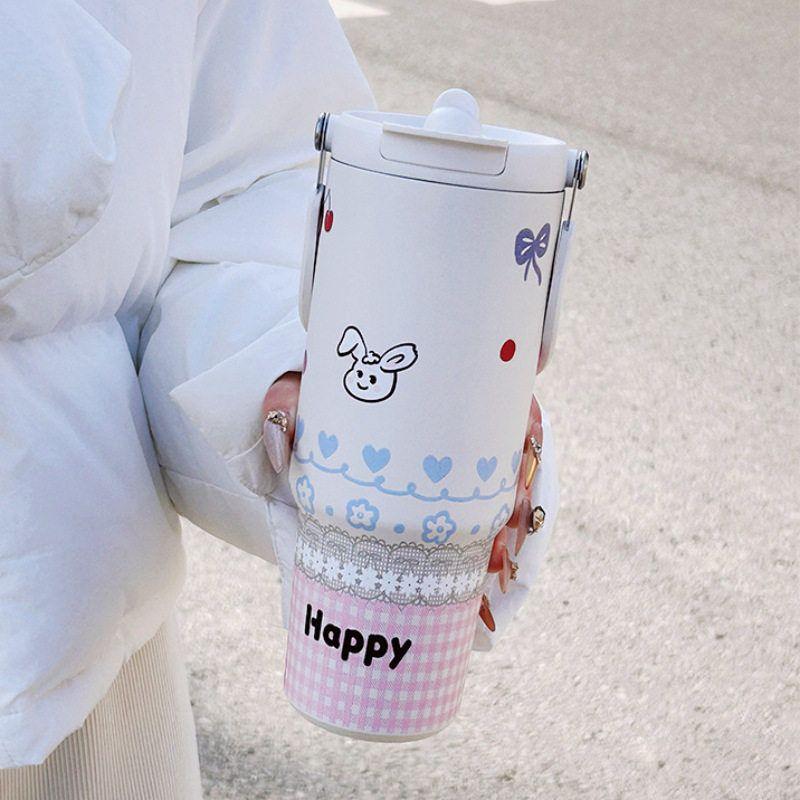 Large-Capacity Thermos Cup for Girls, High-Looking 2024 New Model Straw Cup, Student Portable Water Cup, Giant Size