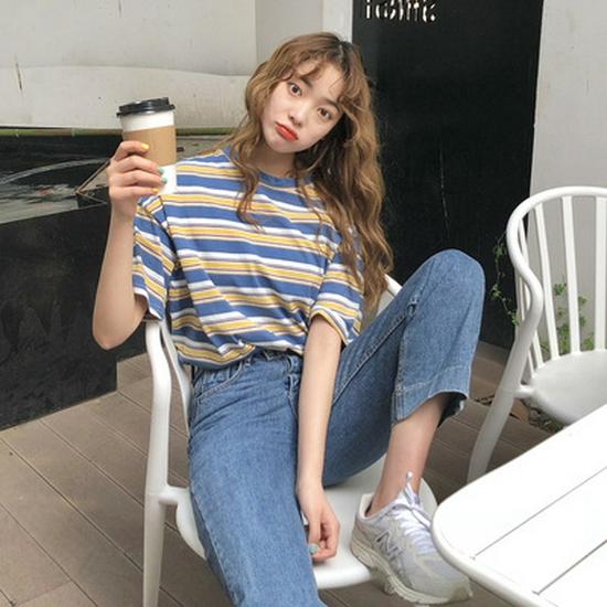 2021 Summer Women's Korean Striped Casual Loose Short-Sleeve T-Shirt