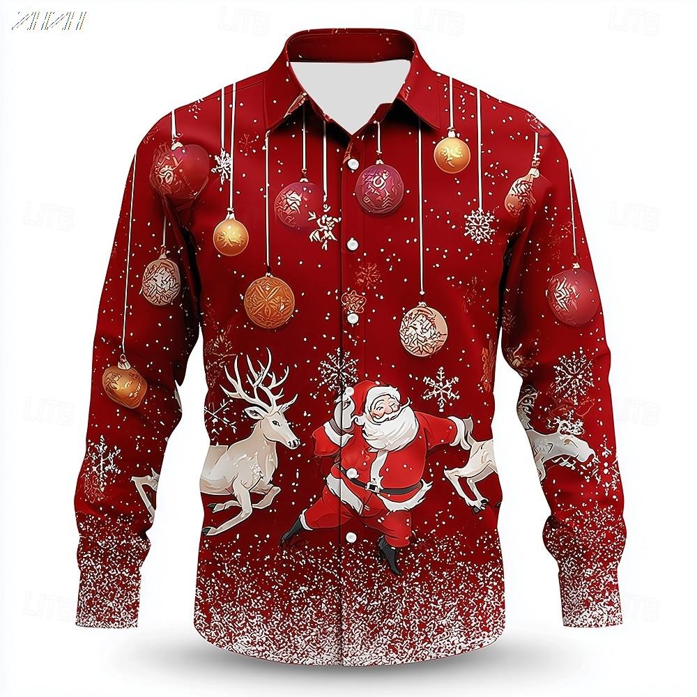 Men's Christmas Santa Reindeer Shirt 3D Print Baubles Design Funny Button Up Collared Holiday Long Sleeve Tops