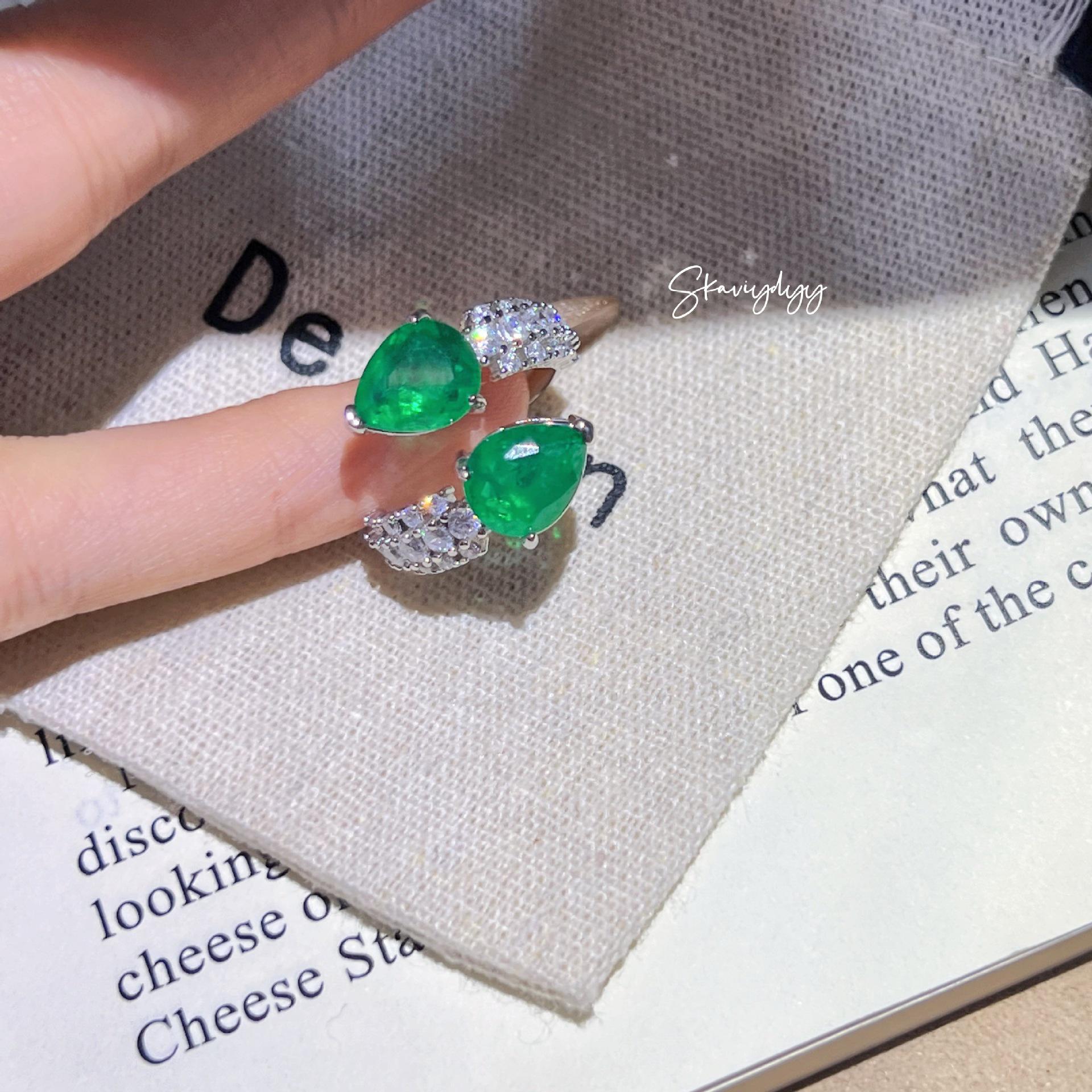 Emerald and Diamond Vintage French Antique Style Adjustable Ring for Women Adjustable Open Size