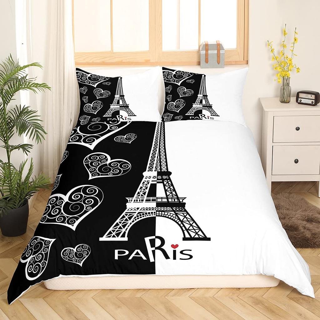 Eiffel Tower Duvet Cover Set King Size Paris Tower Bedding Set For Boy Girl Polyester Paris Cityscape Wooden Texture Quilt Cover