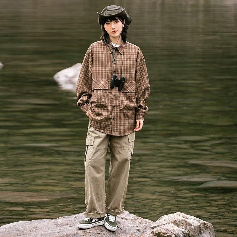 Podzimní Nová Retro Kostkovaná Košile Barvená Přízí Dámská Literární Bavlněná a Lněná Košile s Dlouhým Rukávem Volný Ležérní Kardigan Kabát