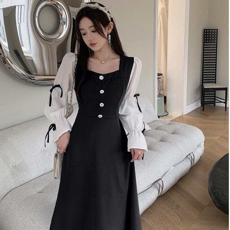 2024 Retro A-Line Black & White Square Neck Slimming Dress