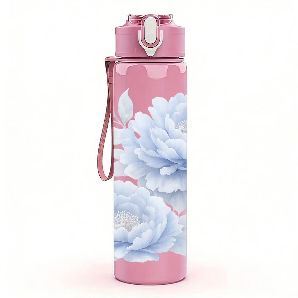 1PC White Rose Soft Floral Art Print 750ml Color Plastic Sports Water Bottle Leakproof Flip Straw Lid Suitable for Sports Office Home Use