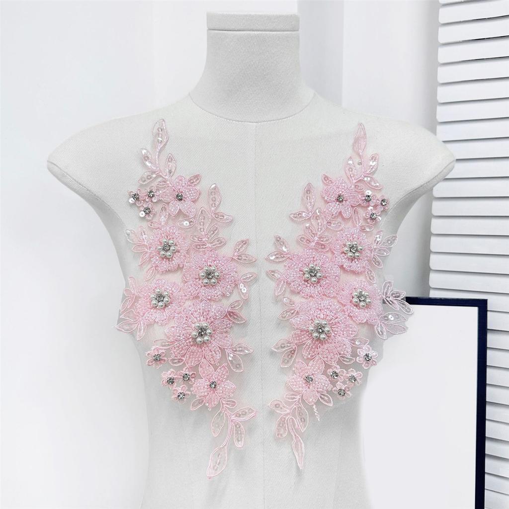 Flower Embroidered Lace Applique Beads Rhinestones Applique Sew On Patches Applique for Wedding Gown Evening Dress