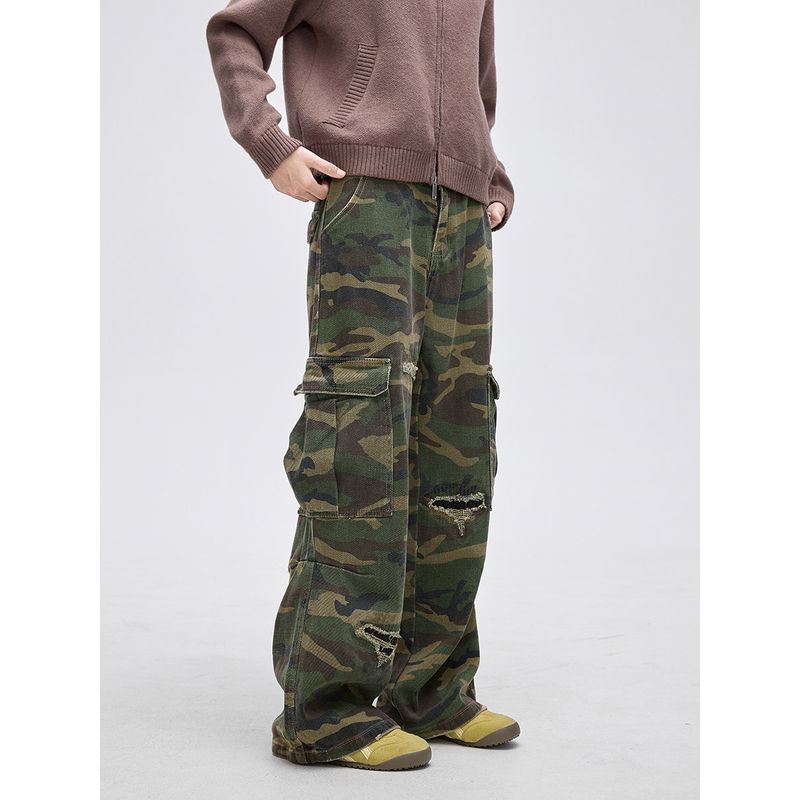 Black of Exit American Street Style Distressed Camouflage Patchwork Straight-Leg Cargo Pants Trendy Casual Pants for Men