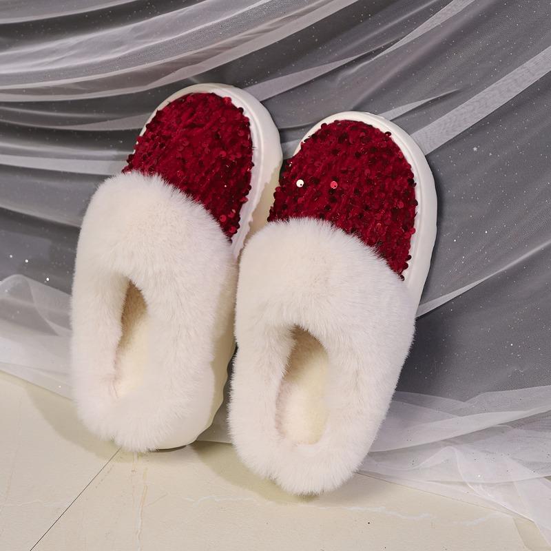 Cotton Slippers with Girly Glitter, Wide Fuzzy Collar, Plush-Topped, Warm Home Cotton Slippers