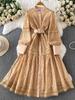 Autumn Elegant Lantern Sleeve Mesh Lace Patchwork Midi Dress for Women Vintage Flower Embroidery Single-breasted Party Dresses with Belt
