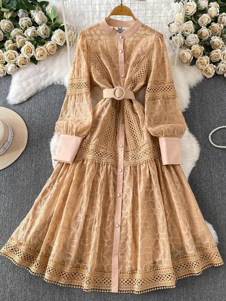 Autumn Elegant Lantern Sleeve Mesh Lace Patchwork Midi Dress for Women Vintage Flower Embroidery Single-breasted Party Dresses with Belt