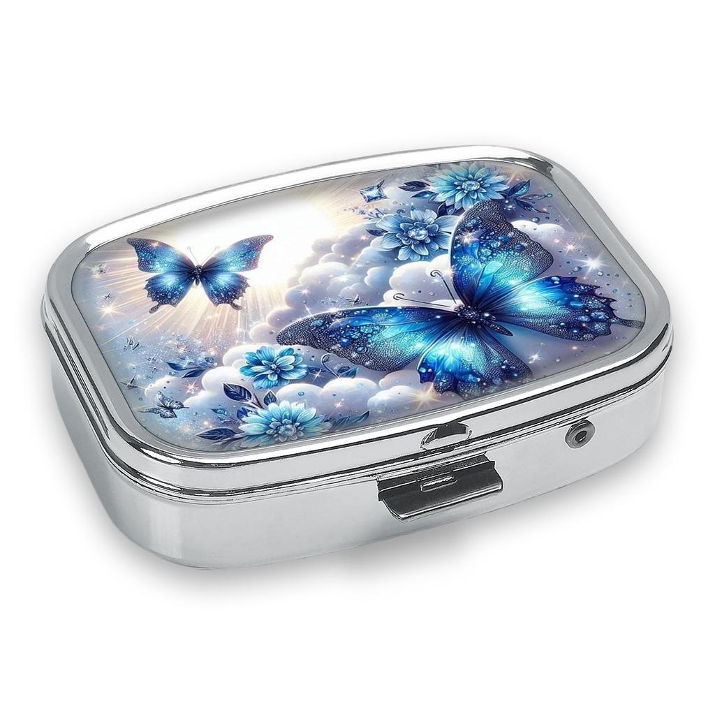 Portapillole Portatile con 2 Scomparti, Mini Custodia Organizer in Metallo per Medicine, Carino Contenitore Stampato per Pillole, Vitamine, Gioielli, Viaggio, Uso Quotidiano