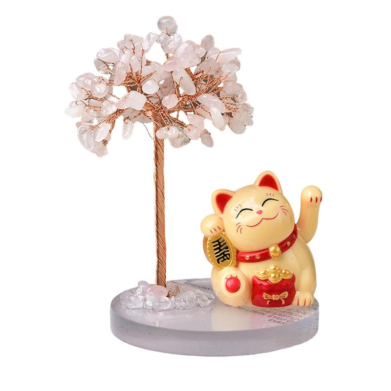 Solar Energy Shake Hands Lucky Cat Base Fate Tree Office Home Natural Crushed Stone Life Tree Handwoven Weaving Decor