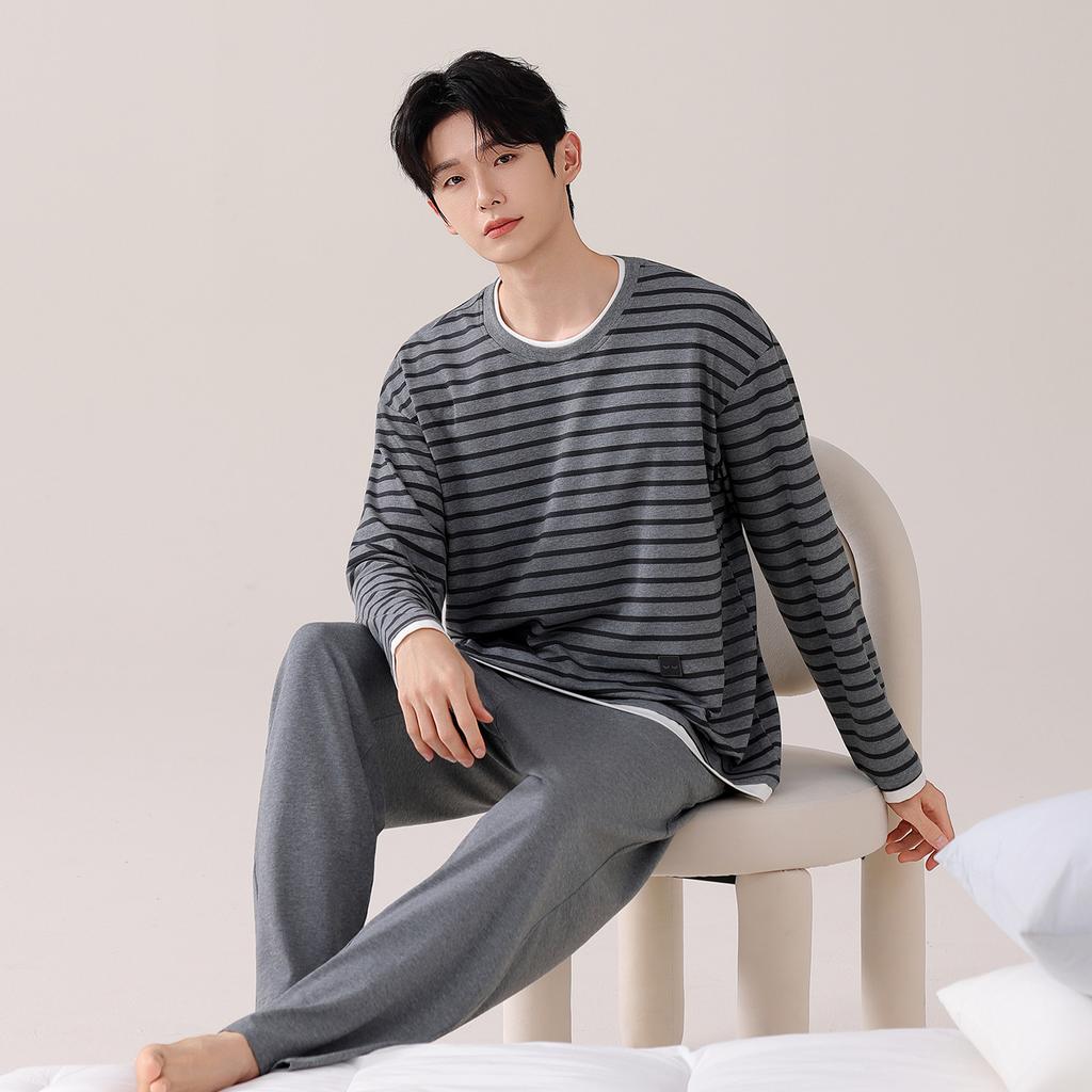 Pajamas Men'S Spring And Autumn Modal Cotton Long Sleeve Casual Large Size Striped Loungewear Set