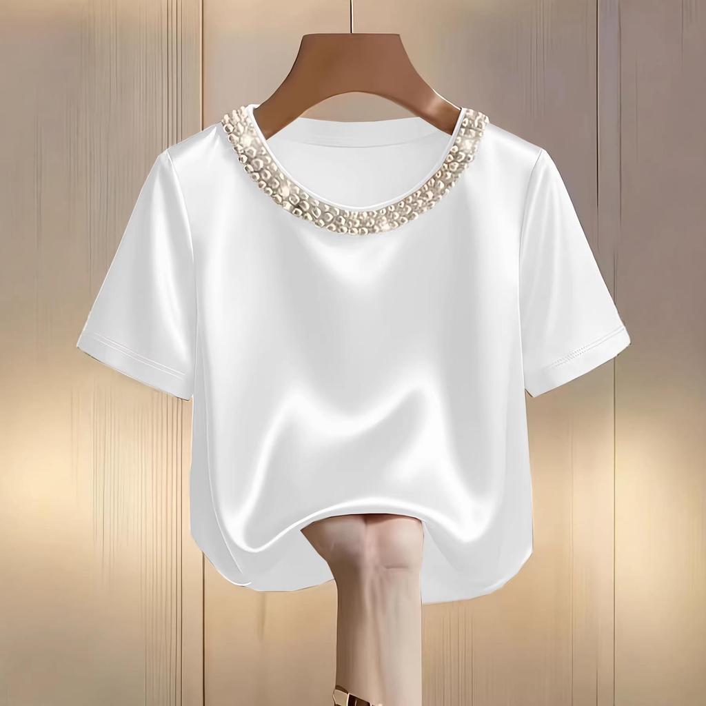 Spring 2026 Women's Beaded Round Neck Satin Chiffon Top