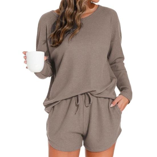 Damen Waffelstrick Pyjama Set Lässiges Langarm Oberteil und Shorts Nachtwäsche 2-teiliges Pjs Lounge Set mit Taschen