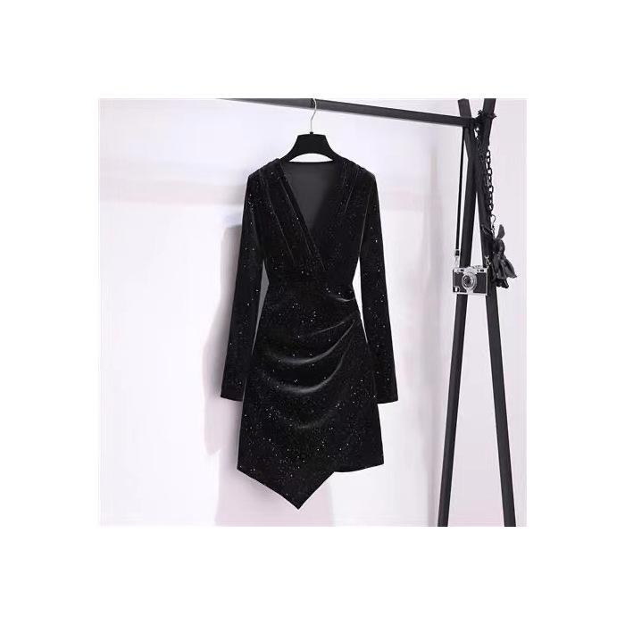 New V-Neck Pleated Dress for Women – Spring/Autumn, Petite Slim Fit, Irregular Hem Large чёрный