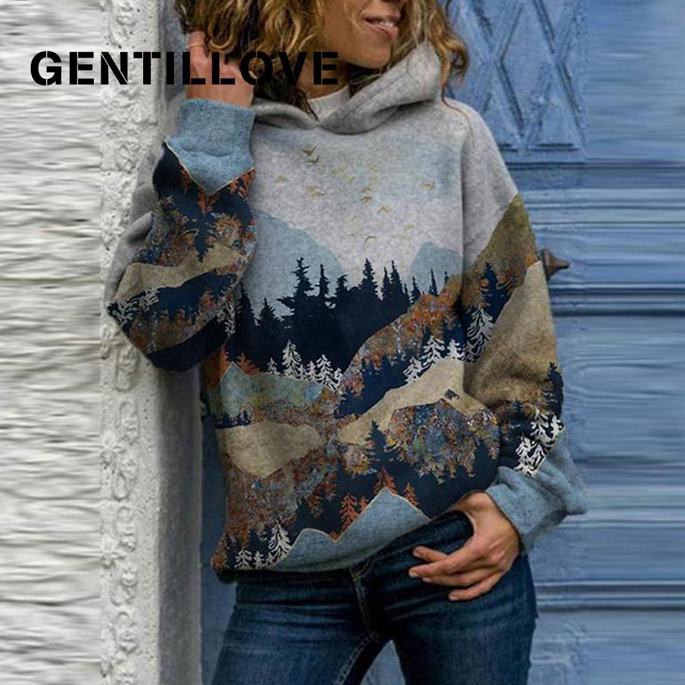 Felpe con cappuccio vintage Harajuku da donna, eleganti, con stampa di montagna, felpe larghe, tute casual primaverili, pullover oversize