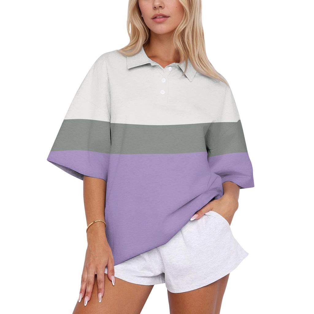 Top Casual da Donna con Colletto a Polo, Vestibilità Larga, Manica Corta, Pullover a Righe, Vestibilità Rilassata, Camicia Leggera per l'Uso Quotidiano