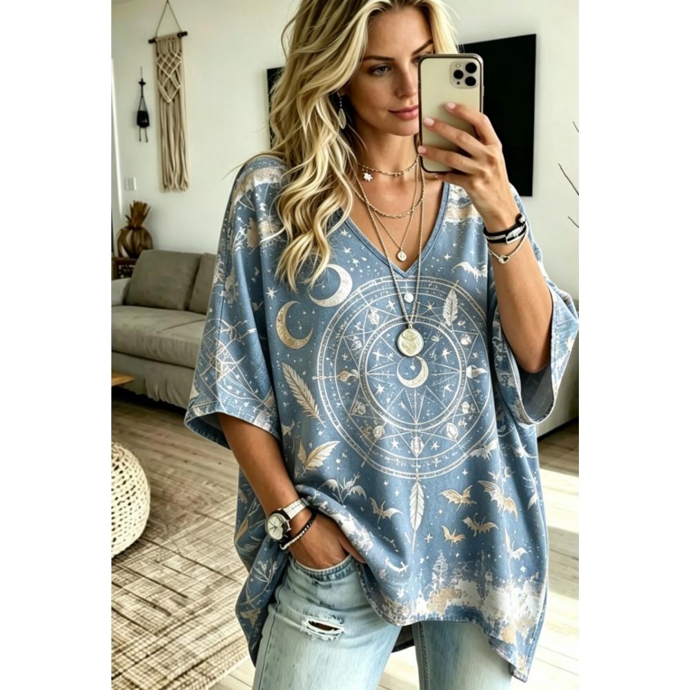 Women's Oversized Loose V-neck T-shirt Top, Bata Shirt with Seven Quarter Sleeves Loose Shirt, Bohemian Style Casual T-shirt