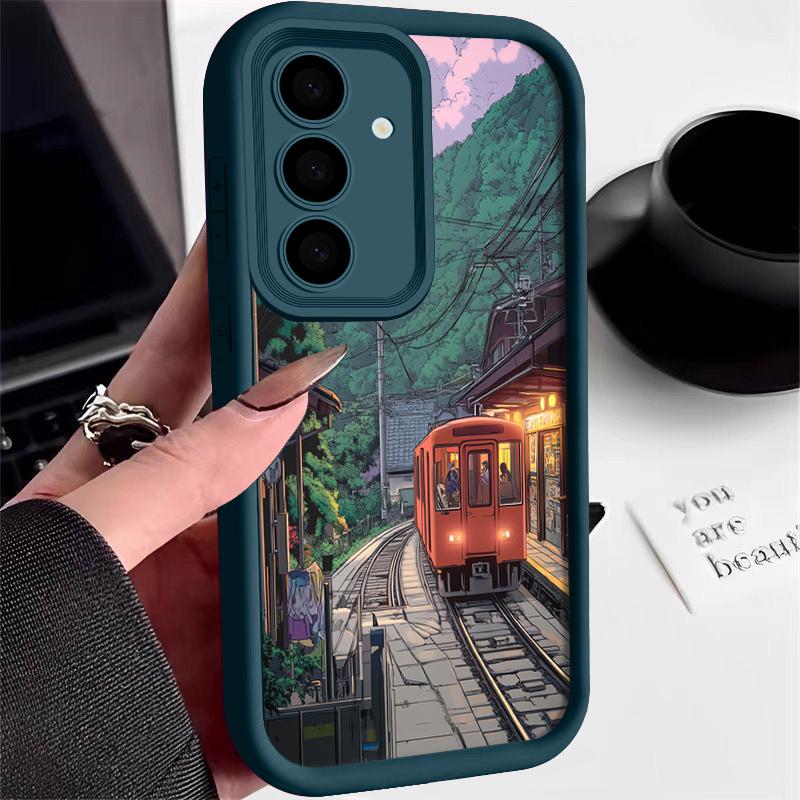 

Матовый чехол с рисунком снежного горного поезда для Smausng S24 FE S23 Ultra S22 S21 A16 A15 A55 A35 A54 A34, защита линз, противоударный мягкий чехол из ТПУ для телефона Samsung S24 FE синий