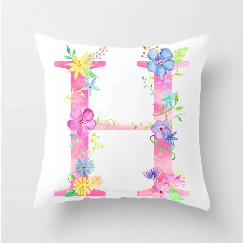 Flower 26 Letters Alphabet Decorative Cushion Cover Polyester Pillowcase Throw Pillow Cover Home Decor Fundas De Cojin 45X45Cm