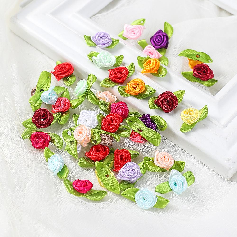 50Pcs Mini Rose Artificial Flowers Heads 2cm Buds Fabric Flower Wedding Decoration Craft Supplies Ribbon Bow-Knot Gift Decor
