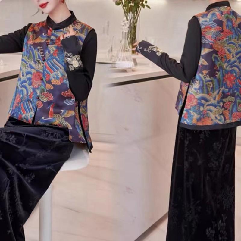 Jarní a podzimní retro čínský styl národní styl výšivky etnický styl tisk oboustranné oblečení módní stojáček krátká vesta pro ženy