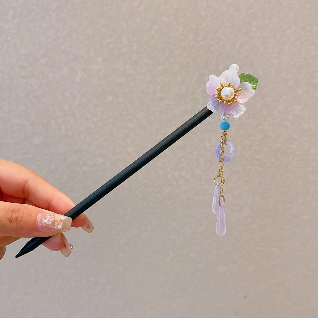 Wooden Hair Sticks Forks Retro Chinese Style Hairpins Forks Colorful Flower Designs Pendant Headpieces Hair Jewelry Ornaments