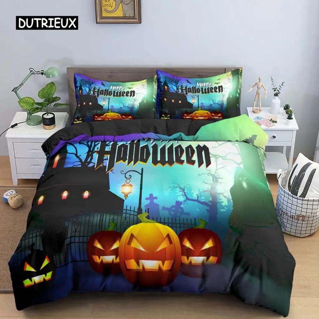 Halloween Duvet Cover Evil Pumpkin Pattern Bedding Set Carnival Night Halloween Holiday Decoration for Teens Boys Bedroom Decor