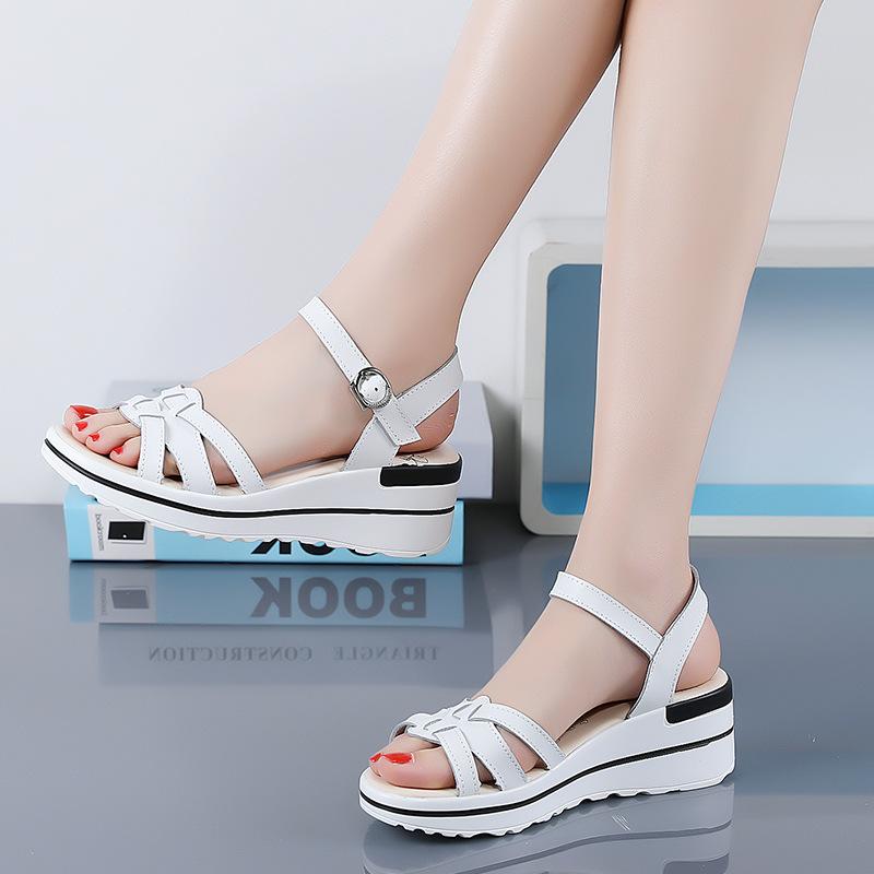 Student fashion thick-soled wedge heel leather medium heel sports sandals women's one-word buckle